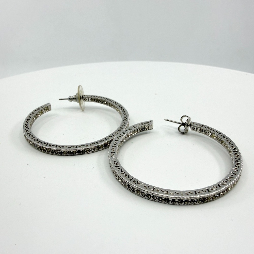 Y2K Filigree Hoop Earrings Silver Tone Metal Openwork Statement Boho Chic Gift